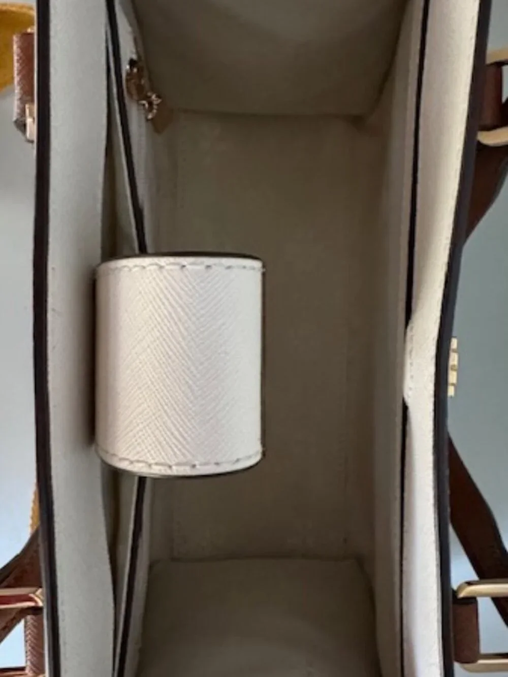 Tory Burch Cream Leather Satchel with Brown Handles and Yellow Floral Strap